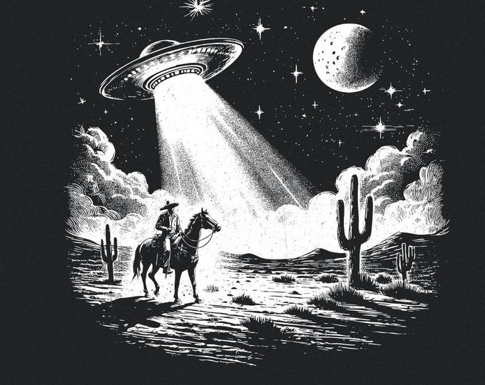 Cowboy UFO PNG, Retro Alien Spaceship, Vintage Western Design, Digital Download, Sci-Fi Art, Desert Scene, Trendy Shirt, Retro Illustration
