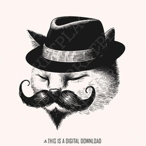 Schattige vintage gentleman kat, kat in handgetekende stijl, direct downloaden, schattige kat png, elegante dierenkat