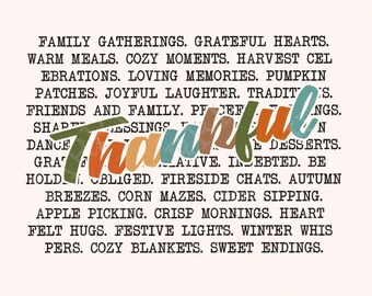 Thankful Words PNG, Thanksgiving png, Fall Shirt Design, Autumn Fall Sublimation, Pumpkin png, Cozy png, Retro Fall Design, Digital Download