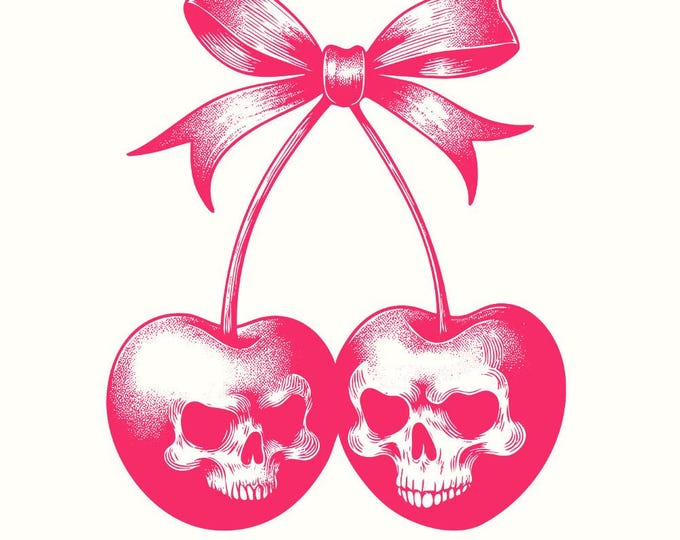 Skull Cherries PNG, Trendy Retro Halloween, Vintage Skull Fruit Digital Art, Coquette Cherries, Spooky Cherry PNG, Gothic Halloween Design