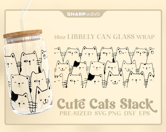 Cute Cat Stack SVG Can Glass Wrap SVG • 16oz Glass Beer Can Cutfile • Can Template • digital files dxf eps png • Cricut • Silhouette