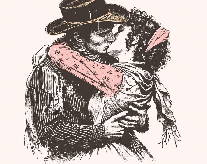 Retro Cowboy Cowgirl Kiss PNG, Vintage Illustration, Digital Download, Trendy Western Valentine, Sublimation Design, Valentine's Day