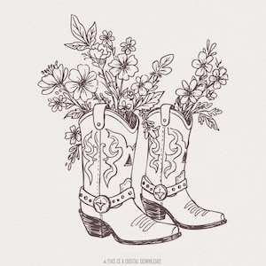 Stivali da cowgirl PNG, Clipart di stivali da cowboy floreali, Sublimazione di fiori selvatici occidentali, Design di maglietta da ragazza di campagna, PNG vintage rustico