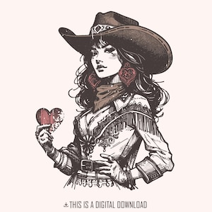 Reina de corazones de vaquera PNG, clipart de vaquera occidental con cartas de póquer, descarga digital, sublimación occidental PNG, reina de corazones, descarga instantánea
