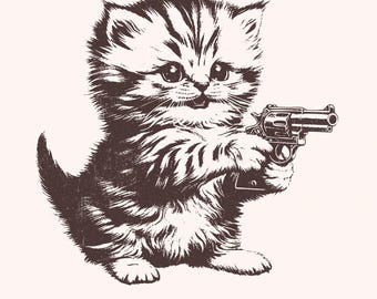 Killer Kitten PNG file for Print, Western Style Cute Cat with Guns T-Shirt Graphic PNG, Funny Kitty Cat Animal Wall Art