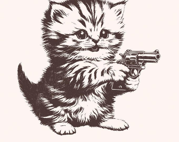 Killer Kitten PNG file for Print, Western Style Cute Cat with Guns T-Shirt Graphic PNG, Funny Kitty Cat Animal Wall Art