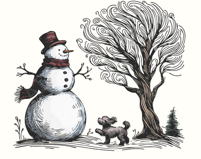 Christmas Snowman with Dog PNG, Snowman Shirt Design, Christmas Tree PNG, Winter Digital Clipart, Trendy Christmas Gift Idea