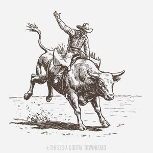 Western Rodeo PNG, Cowboy Bull Rider, Illustration rétro, Bucking Bull, Bull Rider vintage, Sublimation Western, Graphismes occidentaux, png