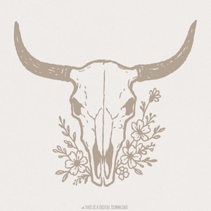 Boho koeienschedel PNG, bloemenschedelkunst, stuurschedel PNG, rustieke westerse gehoornde schedel, woestijnmotief vintage stuur, shirt digitale download