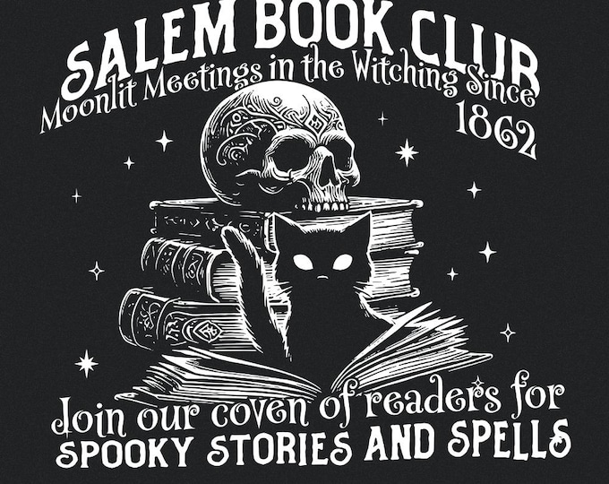 Salem Book Club PNG, Spooky Season, Retro Halloween Tee, Bookish Halloween, Sublimation Design, Black Cat PNG, Witchy PNG, Fall Vibes