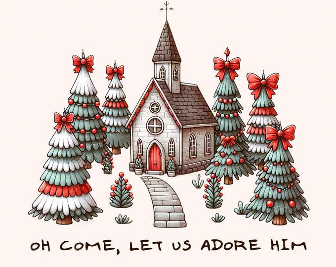 Oh Come Let Us Adore Him Png, Jesus Christmas PNG, Hand Drawn Christmas Tree Png, Coquette Christmas, Christian Sublimation Download