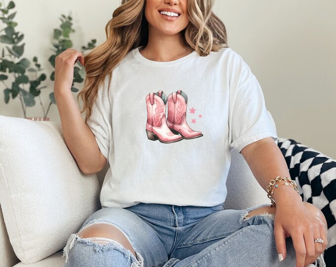 Coquette Cowgirl Boots PNG, Pink Ribbon Tee Design, Western Aesthetic Clipart, Trendy Y2K Graphic Baby Tee, Sublimation Digital Art
