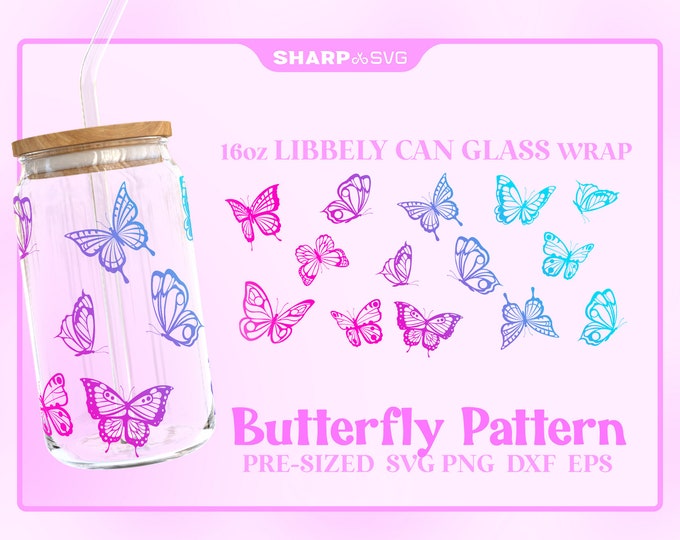 Butterfly Pattern Can Glass Wrap SVG • 16oz Glass Beer Can Cutfile • Can Template • digital files dxf eps png • Cricut • Silhouette