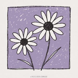 Margherite con sfondo viola in formato PNG, margherite disegnate a mano con stampa a sublimazione, arte floreale retrò, clipart botanica vintage alla moda, maglietta estetica in formato PNG