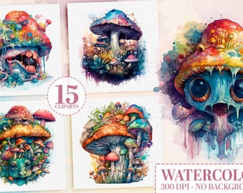 Watercolor Mystical Mushroom Clipart Bundle, 15 Magical & Cosmic Skull Mushroom PNGs, Trippy Monster Creature Mushrooms, Occult Sublimation