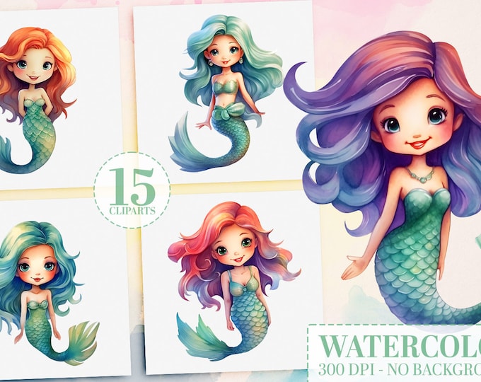 15 Cute Mermaid Clipart Bundle, Nursery Decor, Under the Sea Fantasy Art, Watercolor Mermaid PNG, Kids Mermaid Party, Black Mermaid