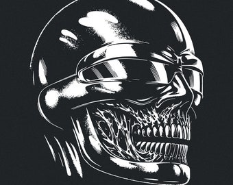 Futuristic Skull Art PNG, Cyberpunk Skull Design, Sci-Fi Horror Digital Art, Black and White Skull, Dark Aesthetic, Unique Gift, Digital