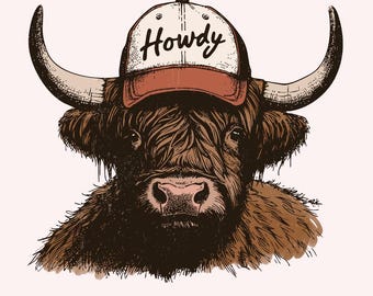 Howdy Western PNG, Highland Cow Design, Trendy Sublimation, Cowgirl png, Cowboy PNG, Southern png, Country PNG
