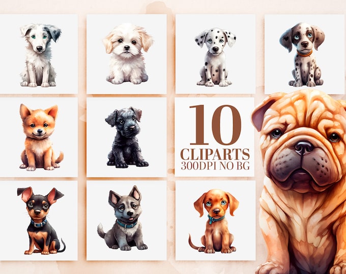 Cute Watercolor Puppy Clipart Bundle - 10 Dog Breeds, Sublimation PNG, Printable Art, Commercial Use, Adorable Puppies Illustrations