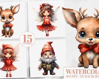 15 Watercolor Christmas Clipart Bundle Reindeer, Gnomes & Fairies PNG Holiday Decor, Christmas Art, Gnome, Reindeer Clipart, Fairy Designs