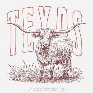 Texas Longhorn, PNG occidentale, design country cowboy cowgirl, animale ranch in stile vintage, sublimazione sud-occidentale