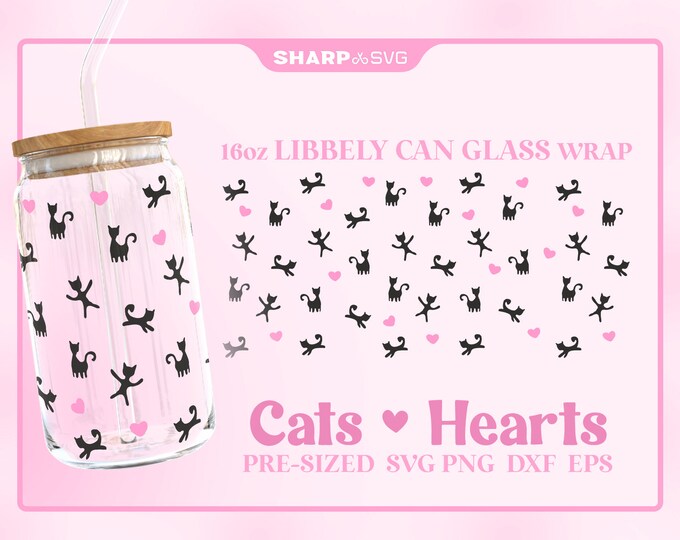 Cats & Hearts Can Glass Wrap SVG • 16oz Glass Beer Can Cutfile • Can Template • digital files dxf eps png • Cricut • Silhouette