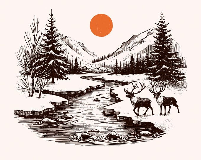 Retro Deer Wilderness Scene PNG, Deer Art Sublimation, Vintage Print, White-tailed Deer, Cute Wildlife, Nature Camping, Hunting Season