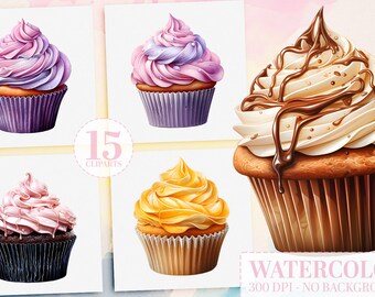 Watercolor Cupcake Clipart Bundle 15 Cupcake PNGs Birthday Sweets & Desserts Digital Download for Planners, Junk Journaling Wall Art