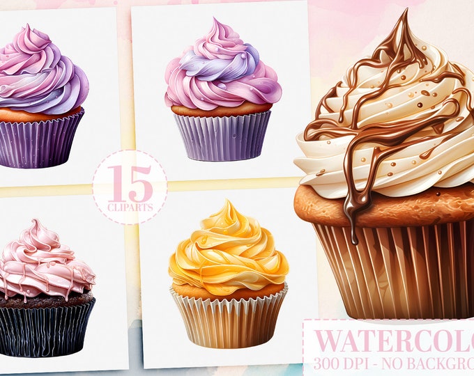 Watercolor Cupcake Clipart Bundle 15 Cupcake PNGs Birthday Sweets & Desserts Digital Download for Planners, Junk Journaling Wall Art