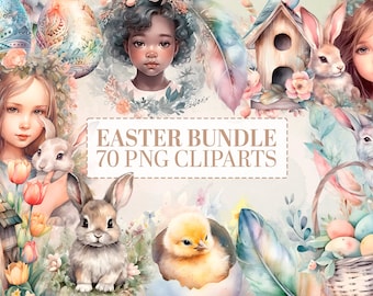 Easter Watercolor MEGA Bundle: Hatching Chicks, Bunny Clip Art, Birdhouses, Cute Girl PNG, Happy Easter, Digital Clip Art, Easter Baskets +