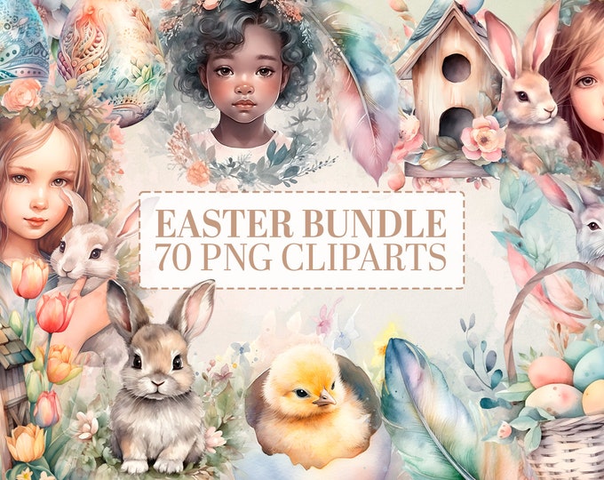 Easter Watercolor MEGA Bundle: Hatching Chicks, Bunny Clip Art, Birdhouses, Cute Girl PNG, Happy Easter, Digital Clip Art, Easter Baskets +