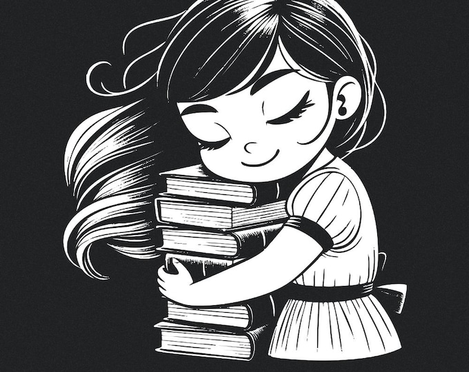 Book Hugger PNG, Cozy Reader Illustration, Girl with Books, Bookworm Sublimation, Reading Lover Gift, Cute Character Design