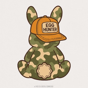 Junge Osterhase PNG, Eierjäger Hase, Camo Hase mit Reverse Hut, Retro Ostern PNG, Frohe Ostern, Kinder Ostern Grafik, Sublimation