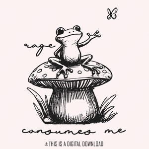 Rage me consomme grenouille PNG, illustration de grenouille drôle, png sarcastique, grenouille lunatique sur champignon vénéneux, téléchargement numérique grenouille mignonne, grenouille excentrique