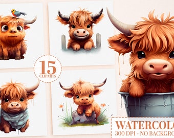 15 Baby Highland Cow PNG Bundle: ClipArt, Printable Wall Art, Sublimation PNG, Baby Highland Cow, Nursery Decor, Scrapbooking, Cow Wall