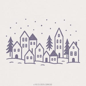 Villaggio invernale minimalista in formato PNG, villaggio natalizio disegnato a mano in formato PNG, accogliente scena innevata natalizia, design digitale per sublimazione e magliette