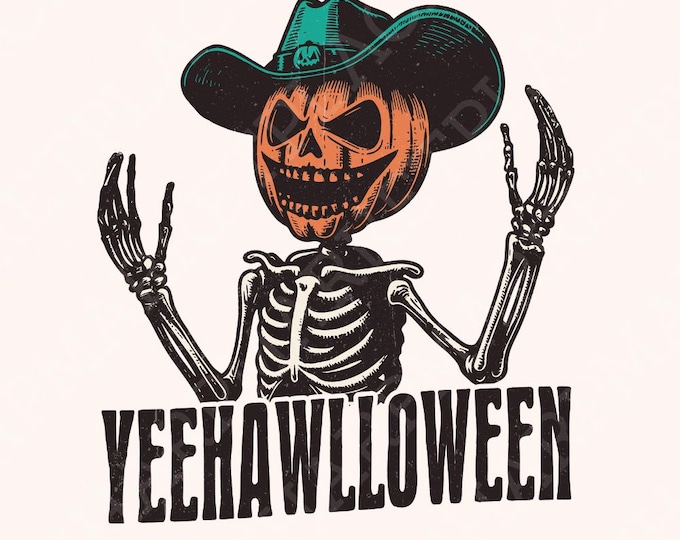 Yeehawlloween Western PNG, Trendy Western Designs, Spooky Season PNG, Halloween Shirt PNG, Cowboy Skeleton, Retro Halloween, Download