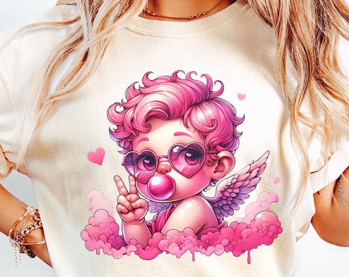 Cupid Blowing Bubble PNG, Vintage Valentines Day Sublimation Download, Funny Cupid with Sunglasses, Valentine Coquette Png Design
