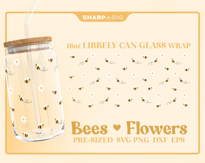 Bees & Flowers Libbey Can Glass Wrap SVG • 16oz Glass Beer Can Cutfile • Can Template • digital files dxf eps png • Cricut • Silhouette