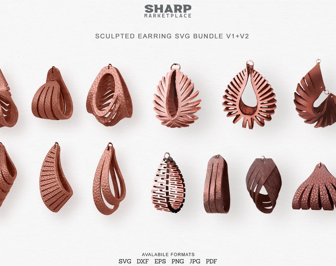 Mega Sculpted Earring SVG Bundle  Leather Twisted SVG Pendant SVG Tridimensional Earrings 3D Leather Jewelry Laser Cut Template Commercial