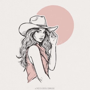 Cowgirlportret in hoed PNG, vrouwelijke westerse modekunst, landelijke meisjesstijl voor T-shirts, op rodeo geïnspireerd ontwerp, digitale download