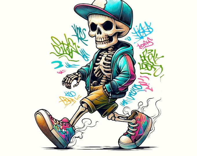 Gangster Skeleton PNG Digital Download, Urban Sublimation, Streetwear Skull Art, Hip Hop Graphic Tee, Graffiti Clipart, Retro Skull Design