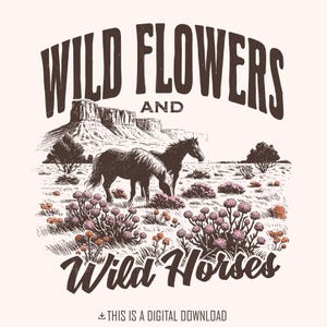 Caballos salvajes y flores silvestres PNG, sublimación de música country occidental, descarga instantánea, diseño de camiseta vaquera a caballo, estilo vintage PNG