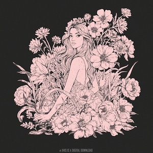 Bloemen vrouw portret PNG, elegante vrouwelijke illustratie, botanische schoonheid grafische kunst, gedetailleerde bloementuin clipart, natuurgodin
