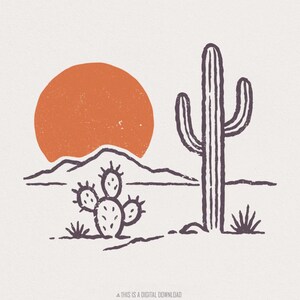 Cactus del deserto PNG, Tramonto vintage PNG, Download degli altopiani occidentali, Maglietta con paesaggio di cactus boho stampata a sublimazione, Maglietta con download digitale PNG