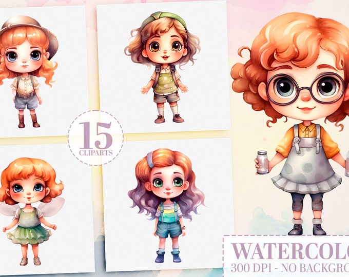Dream Jobs Doll Clipart Bundle - 15 Cute Chibi Girls in Career Costumes, Sublimation Prints, Cowgirl, Firefighter, Teacher, Police and more