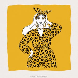 Fashion forward vrouw in luipaardprint png, stijlvol meisje art design, trendy dierlijk patroon clipart, elegant vrouwelijk portret illustratie