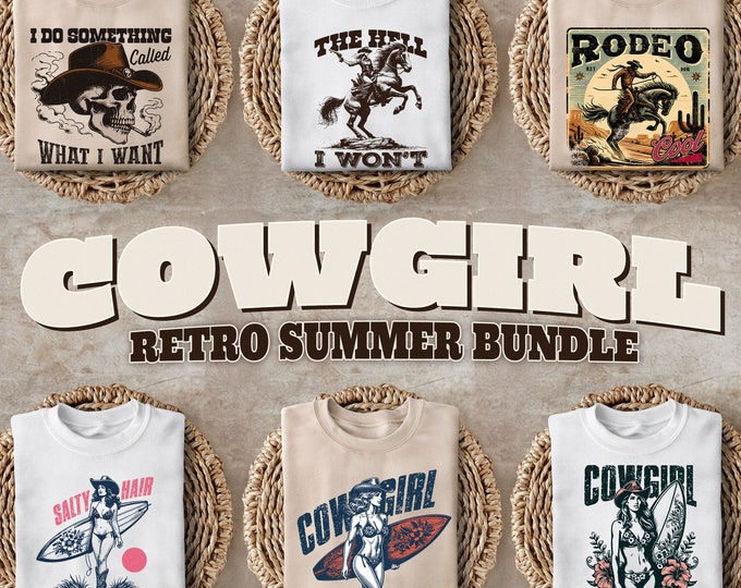 Retro Cowgirl Summer 6 PNG Bundle, Coastal Western Shirt Designs, Vintage Country Vibes, Trendy Western Sublimation, Pink Cowgirl, Digital