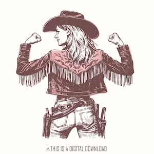 Bold Cowgirl PNG, illustration de veste à franges, art occidental féminin fort, cowgirl vintage en denim et chapeau, femme occidentale autonome