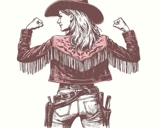 Bold Cowgirl PNG, Fringe Jacket Illustration, Strong Female Western Art, Vintage Cowgirl in Denim and Hat, Empowered Western Woman